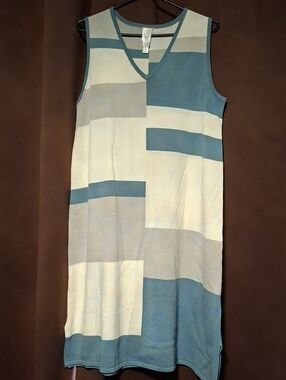 Sleeveless Midi Dress in Blue‎ and Cream - Brand: